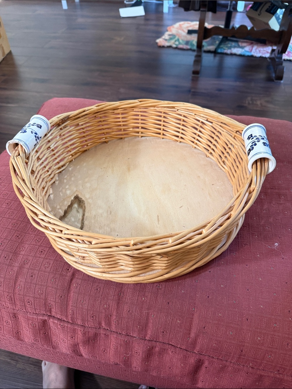 Woven Round Natural Wicker Serving Basket with Blue Accent Handles